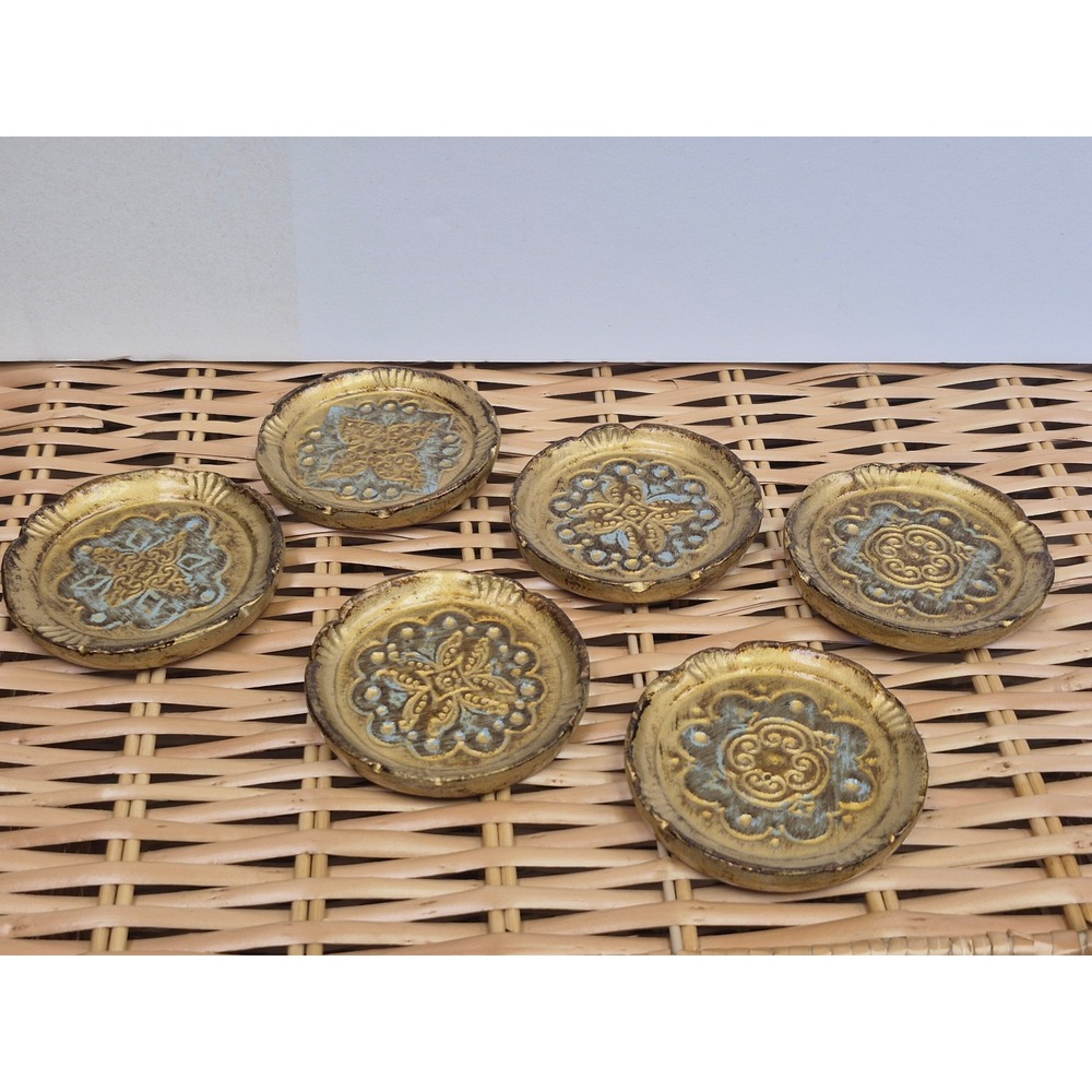 Vintage Florentine Gold Blue Embossed Wood Trivets Set of 6 Italian Wall Decor